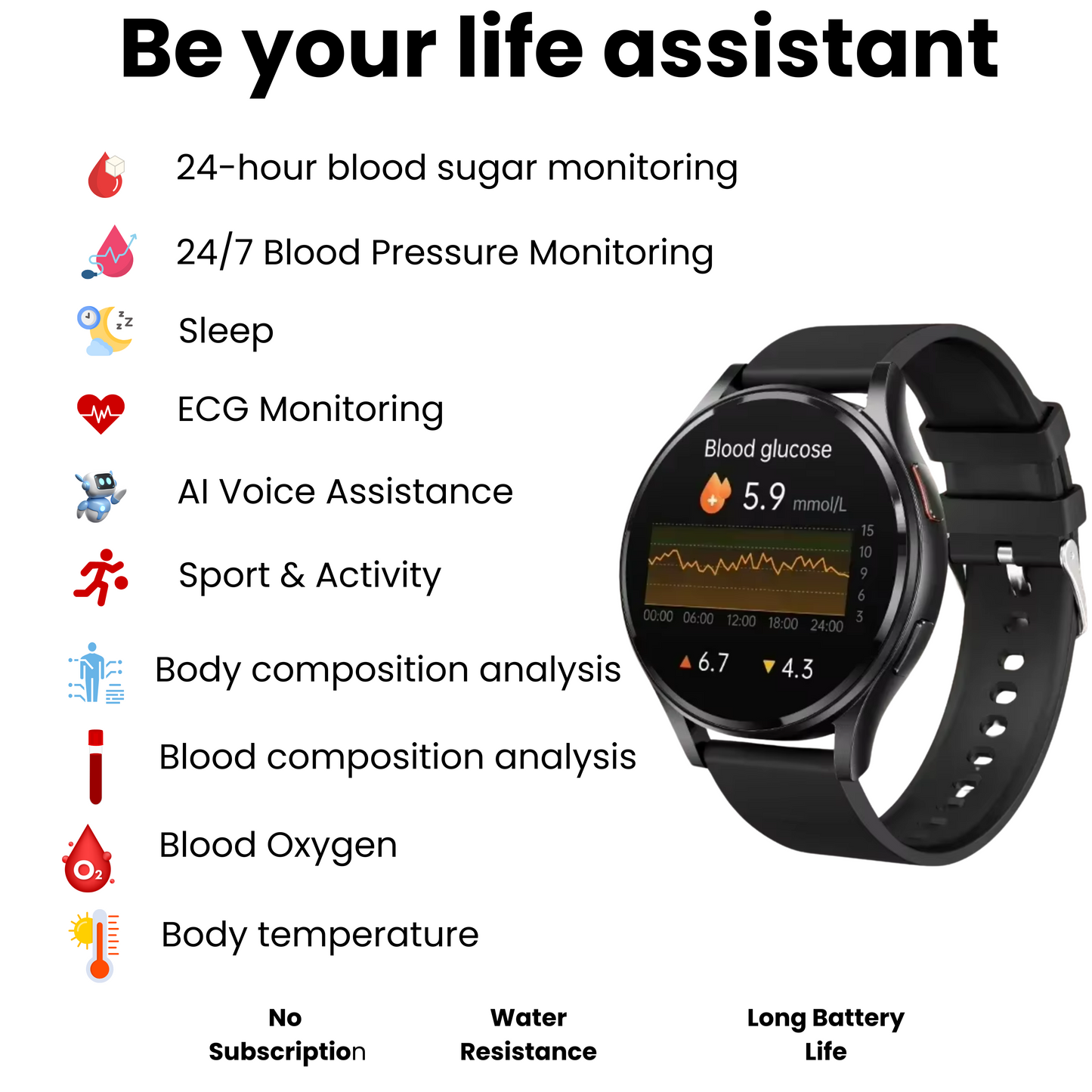 Blood Glucose Smart Watch WIth ECG | BP & More